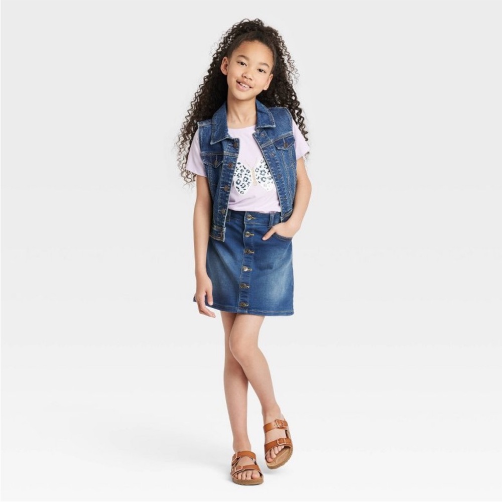 NWT Girls' Soft Wash Button-Front Adjustable Waist Jean Skirt - Dark Wash
